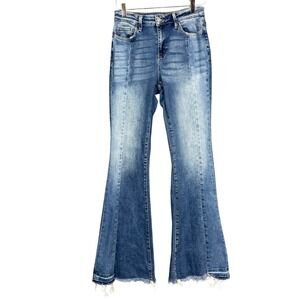 Altar'd State Jeans Womens 27 Vervet Blue Flare Medium Wash Paneled Raw Hem Boho